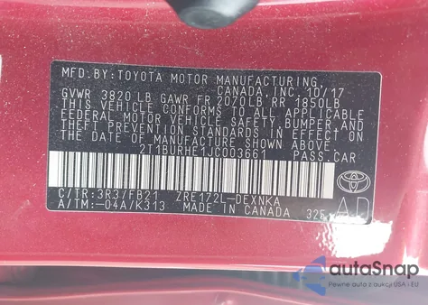 2018 Toyota Corolla Le из США, поврежденный, VIN 2T1BURHE1JC003661